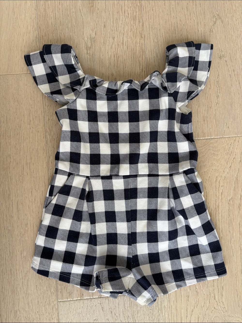 Janie and Jack Navy and White Gingham Romper with Ruffle Shoulders